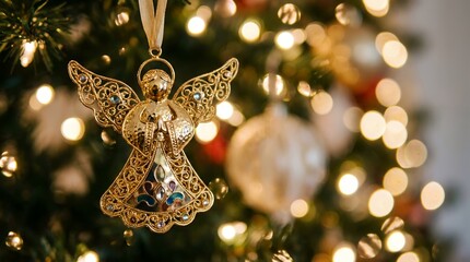Golden Angel Ornament Adorning a Christmas Tree with Bokeh Lights.