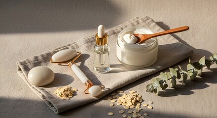 Skincare products composition on cloth with light and shadow