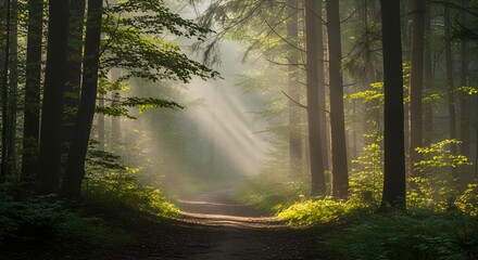 Obraz premium Sunlit forest path amidst tall trees with atmospheric light and shadows