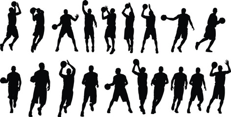 Basketball silhouette vector, player poses, dribbling action, shooting motion, sports icon, black athlete, dynamic movement, team sport, minimal design © Aroshi Jannat 