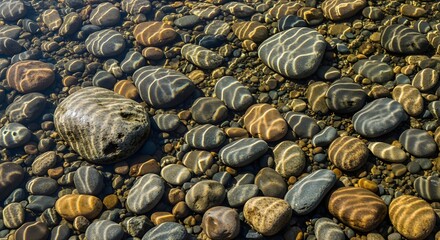 Underwater pebbles with light reflections creating abstract patterns and textures