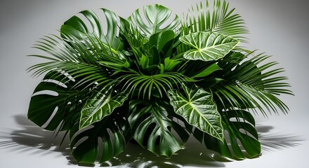 Vibrant arrangement of tropical green foliage on a neutral background