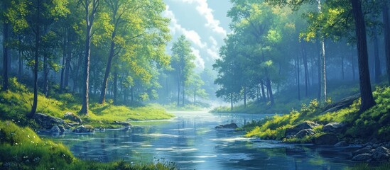 Fototapeta premium Serene forest river, sunlit leaves, misty background, nature peace