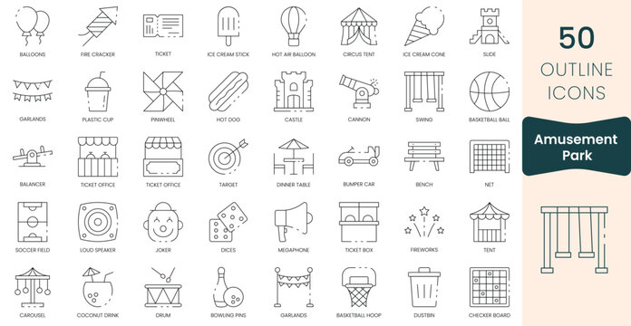 Set of amusement park icons. Thin outline icons pack. Vector illustration
