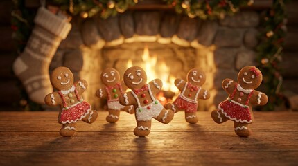Gingerbread Men Dancing Merrily by a Cozy Fireplace.