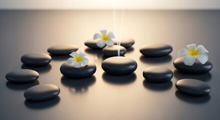 Zen stones with white flowers arrangement for relaxation and wellness concept