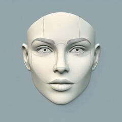 3D rendering of a pale, sculpted female face with defined features