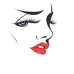 Elegant line drawing of a woman's face with red lips and dramatic lashes