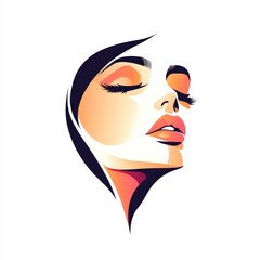 Stylized female portrait with closed eyes, warm colors, against white background