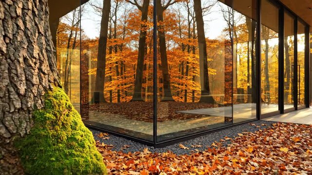 Gentle cinematic push-in toward the sharp intersection where moss-covered autumn tree trunks meet the clean, reflective glass facade of a secluded modern luxury home precision, woodland, forest