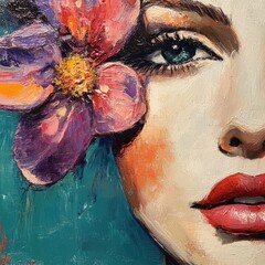 Woman portrait, large flower by face, painterly, teal backdrop