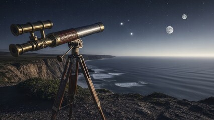 Vintage astronomical instrument positioned atop a coastal cliff overlooking a vast ocean under a celestial night sky