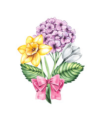 Watercolor spring Easter blooming flower bouquet. Hand-painted illustration of daffodil and tulip. Botanical bouquet for wedding invitations, festivals, or postcards.