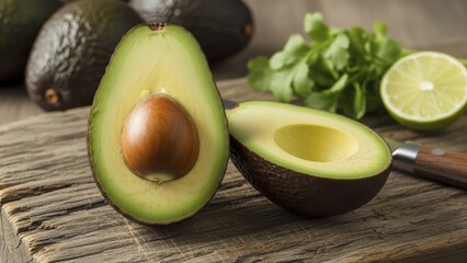 Ripe avocado halves with seed displayed on rustic wooden surface next to fresh herbs and citrus fruit
