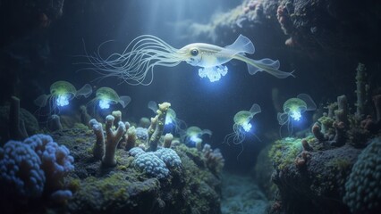 Obraz premium Bioluminescent cephalopod swims above glowing marine invertebrates near a coral reef structure