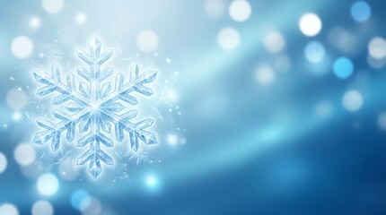 Beautiful Snowflake on a Blurry Blue Background with Bokeh Lights.