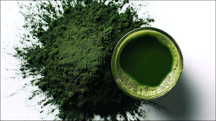 Dual overhead splash of spirulina powder with deeper tone and green tea powder on transparent background