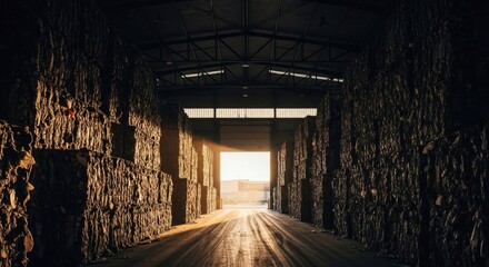 Fototapeta premium Golden Sunlight Illuminates Towering Bales in Dark Industrial Warehouse Aisle
