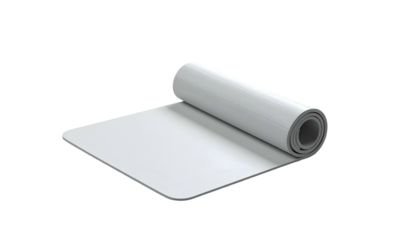 A rolled-up yoga mat, partially unrolled, in a neutral light against a black background