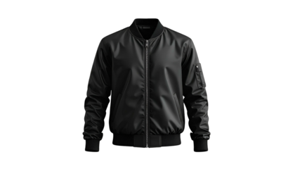 Black bomber jacket, isolated on black, showing zipper, ribbed cuffs, and pockets