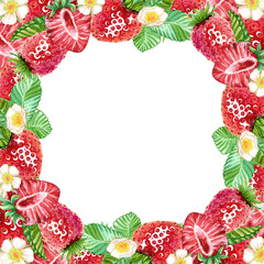 A square frame of juicy strawberries. A red summer berry wreath. Hand drawn watercolor illustration. Copy space template for design cosmetics, fruit snacks, marmalade, candies, chewing gum, menu