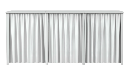 A long, white, draped fabric structure with a top rail, against a black background