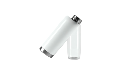 Two sleek, white, metallic-capped hydration bottles, one angled towards the other, against black
