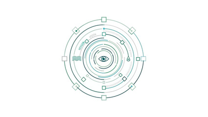 A futuristic digital eye scanner interface with concentric circles and data points.