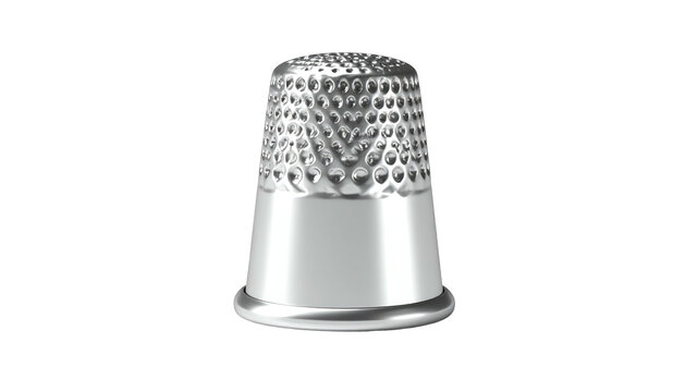 3D rendered silver thimble with detailed dimpled surface against a black backdrop - Powered by Adobe