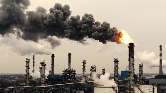 Oil refinery with burning flare stack and heavy smoke