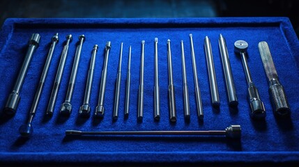 blowpipe. Polished blowpipe tools arranged on blue velvet with studio lighting. safety posters, maintenance manuals, designed for precision metalworking and fabrication facilities, used by engineers.