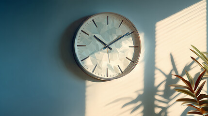 朝日に照らされたリビングの壁で、掛け時計が静かに時を刻む日常のワンシーンの水彩ポリゴン