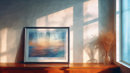 サイドボードの上に置かれたフォトフレームが、暮らしの記憶をそっと飾る穏やかな室内の情景の水彩ポリゴン