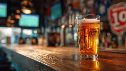 memorabilia. Foaming beer glass on a rustic wooden bar, glowing neon signs reflecting in the golden liquid. bar promotions, beverage menus, designed for product packaging and bar promotions.