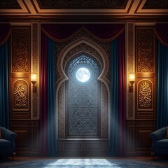 Elegant Islamic Style Interior with Large Moonlit Window and Rich Curtains
