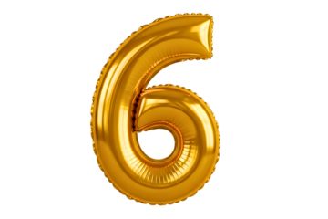 Shiny gold foil balloon shaped like the number six, isolated on transparent background