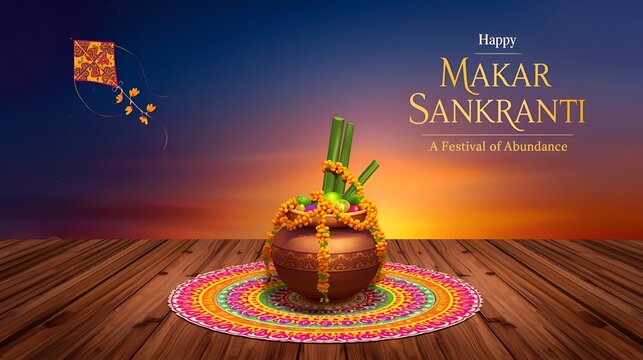 Happy Makar Sankranti 2026, minimalistic poster/banner for Sankranti theme wishes