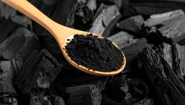 Close-up of activated charcoal powder on a wooden spoon with a pile of charcoal pieces in the background, representing a natural detoxifying agent