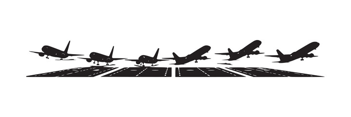Airplane Takeoff Sequence Silhouette Airport Runway with Multiple Airplanes Silhouette Vector Illustration