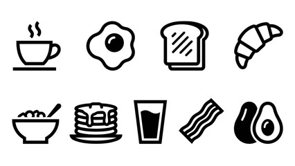 A diverse collection of minimalist breakfast food icons for morning meals and healthy eating