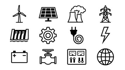 Collection of energy production and industrial technology line icons