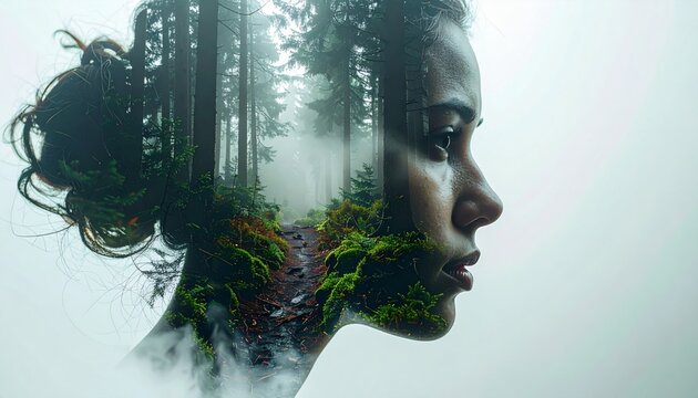 Double exposure profile portrait of woman with foggy forest emerging from her head