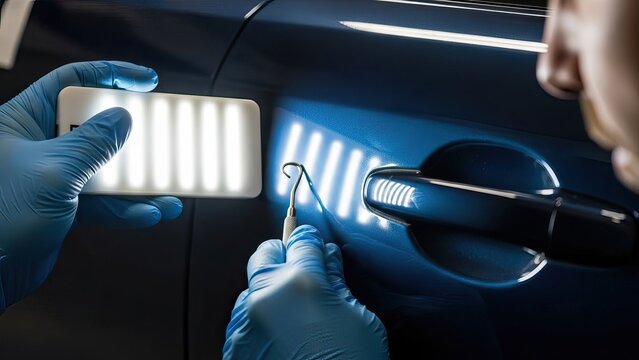 Car dent repair specialist using a light and tool to fix a small imperfection on a car door