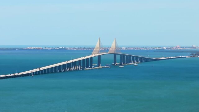 Sunshine Skyway Bridge in Florida, USA. Driving traffic over Tampa Bay