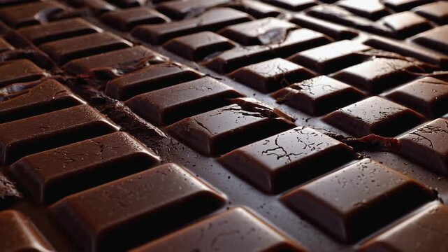 Closeup of broken dark chocolate bars arranged on a table  