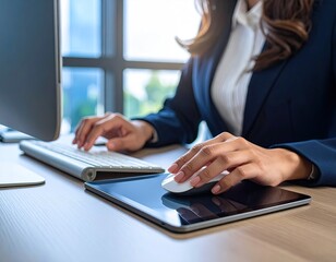 Person in suit uses computer, hands near mouse and keyboard on desk