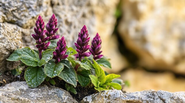 hyssop. Purple hyssop flowers growing from limestone cracks with morning dew. gardening catalogs, home-decor guides, designed for gardening and botanical catalogs.