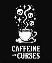 Caffeine and Curses Coffee T-Shirt Design Gothic Witchy Skull Coffee Graphic Tee