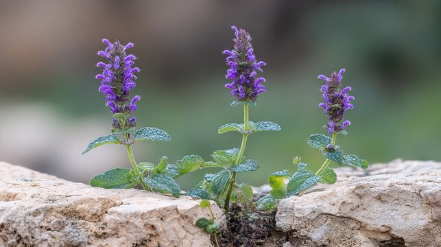 hyssop. Purple hyssop flowers growing from limestone cracks with morning dew. gardening catalogs, home-decor guides, designed for gardening and botanical catalogs.