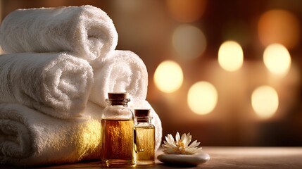 sauna. A serene spa environment with soft towels and aromatic oils in warm ambient light. lifestyle magazines, social media lookbooks, designed for lifestyle magazines and social media content.